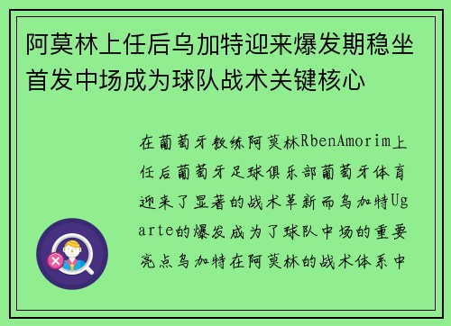 阿莫林上任后乌加特迎来爆发期稳坐首发中场成为球队战术关键核心 阿莫林上任后乌加特迎来爆发期稳坐首发中场成为球队战术关键核心