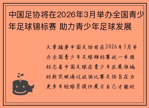 中国足协将在2026年3月举办全国青少年足球锦标赛 助力青少年足球发展 中国足协将在2026年3月举办全国青少年足球锦标赛 助力青少年足球发展
